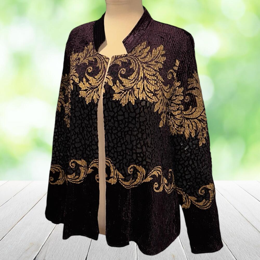 CHICOS Travelers Burnout Velvet Jacket Open Front Gold Scroll Purple Size 1 (M)